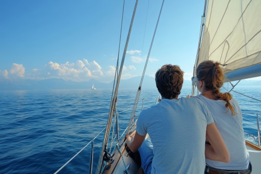 couple on a luxury yacht looking to the horizon 510px Couple on a luxury yacht looking towards the horizon on a alm sea